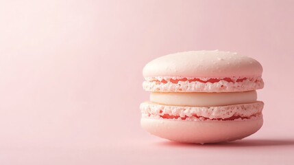 A single pink macaron on a pink background.