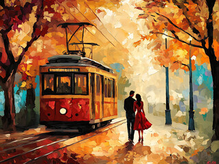 Obraz premium romantic scene sweet couple walk near classic tram in falls or autumn season warm color painting picture