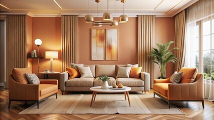 Fototapeta premium A refined apricot decor complements modern furniture with soft textiles, creating a cozy, inviting space enhanced by