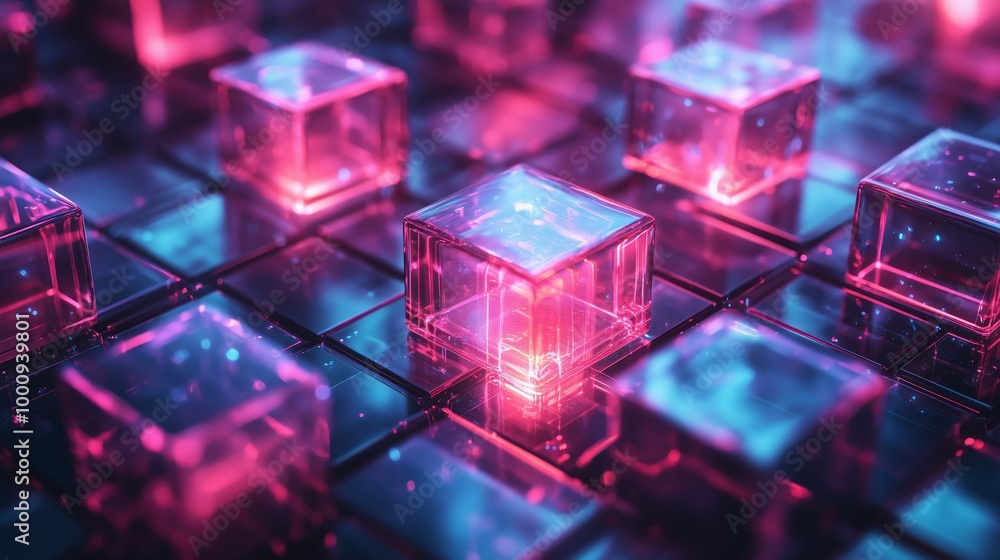 Poster abstract background with glowing neon cubes and glass blocks forming an intricate pattern, symbolizi
