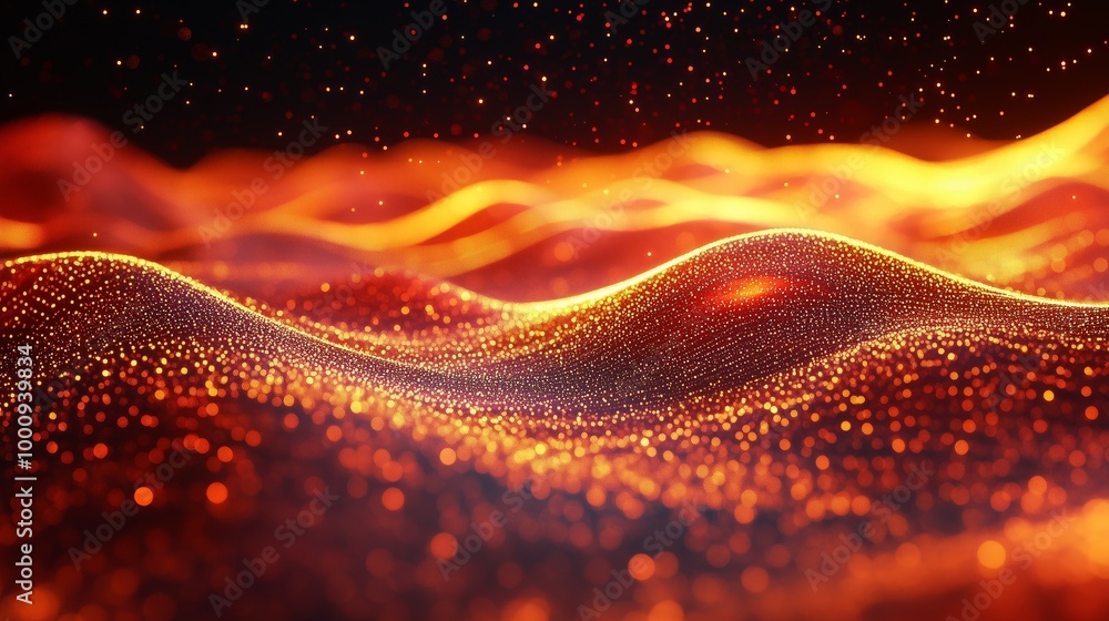 Poster abstract background with golden glitter and glowing light, red flowing wave design. high resolution 