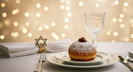 Dessert donut on festive table with holiday decorations and sparkling lights