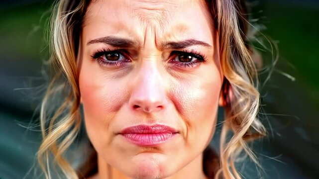 Close up of a blonde woman frowning, revealing disgust through her facial expressions. Intense emotions capture a moment of frustration and displeasure