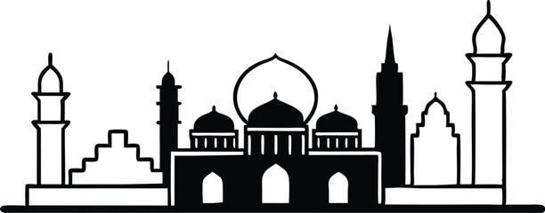 Muslim cityscape black monochrome silhouette background  