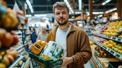 Man selecting fresh fruits in modern supermarket, wide-angle view with colorful produce