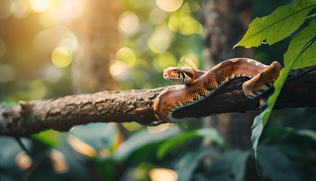 Brown boa constrictor on tree branch outdoors