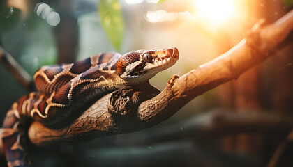 Fototapeta premium Brown boa constrictor on tree branch outdoors