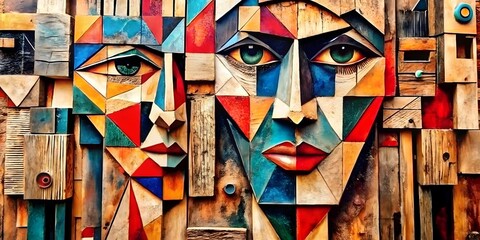 Abstract colorful Portrait of Human face on wood bark. Bold Brush