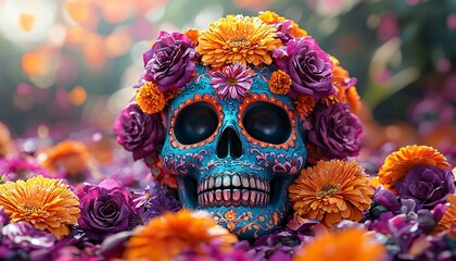 Vibrant sugar skull adorned with flowers for Dia De Los Muertos, perfect for festive decorations, social media posts, and Halloween-themed events.