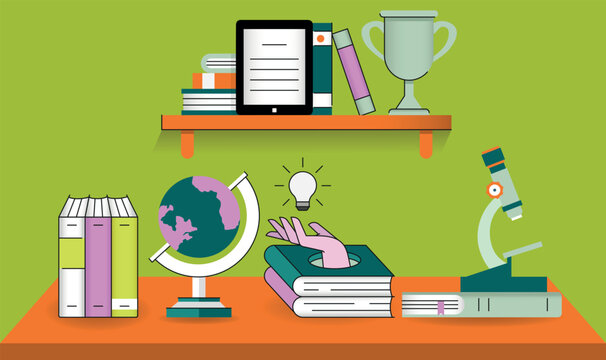 Vector concept Related to Education, Study Table, Academic Subjects, Textbooks. Flat illustration with linear elements