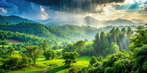 Fototapeta premium A delicate rain lightly caresses the land, crafting a peaceful atmosphere that envelops the lush, green scenery, creating a scene of total tranquility.