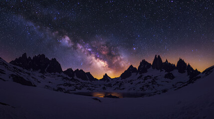 Snowy mountain peaks under starry night sky with Milky Way above