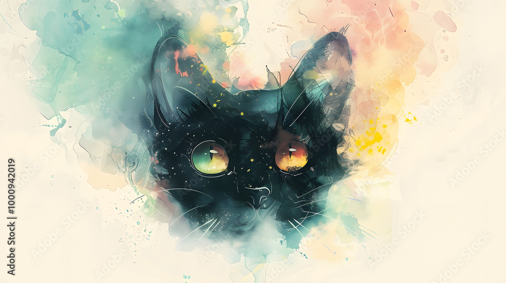 Poster an illuminated artwork of a cat with a minimalistic background.