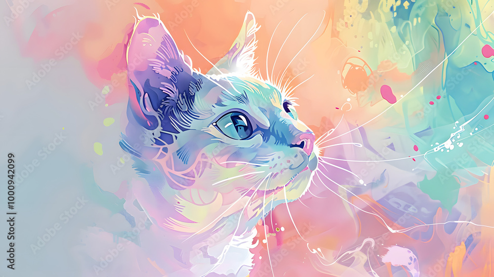 Poster an illuminated artwork of a cat with a minimalistic background.