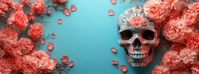 Skull with pink flowers on blue background, halloween or day of the dead concept.