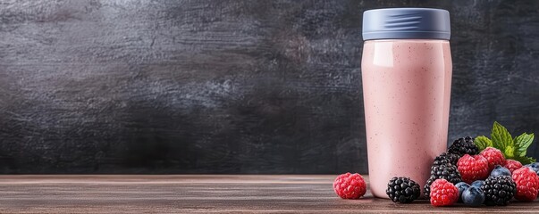Proteinpacked berry smoothie in a shaker bottle, with ingredients like Greek yogurt, almond milk, and berries, ideal for postworkout consumption, 3D illustration