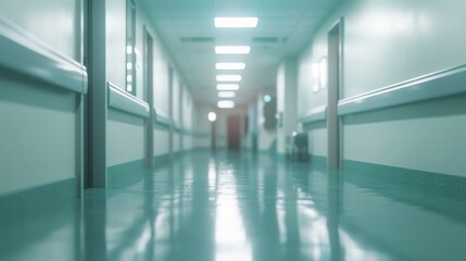 A long hallway with a green wall and a white floor