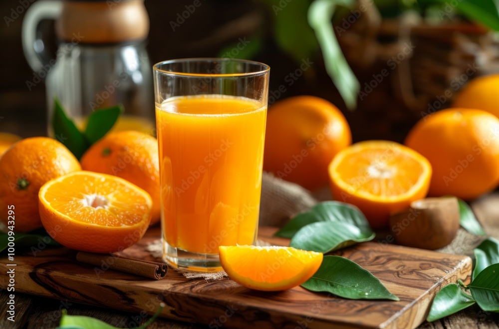 Wall mural a glass of fresh orange juice placed on an old wooden table, surrounded by whole ripe oranges, creat