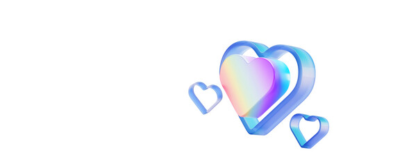 St Valentine Day 3d render icon png, glass transparent heart frames with color light rainbow neon holographic gradient isolated on transparent background. Crystal balloon love symbols. 3D illustration