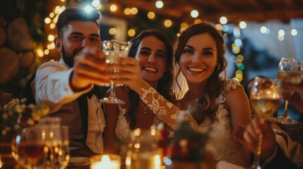 A man and two women are celebrating a wedding by toasting with wine glasses