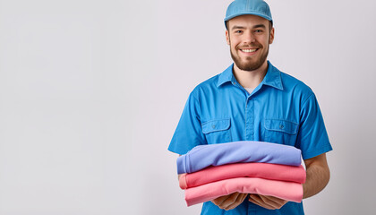 Dry-cleaning delivery. Happy courier holding folded clothes near wardrobe racks on white background