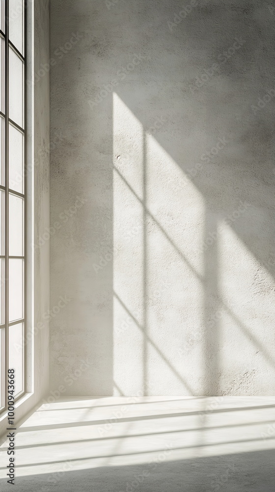 Poster concrete wall with soft sunlight filtering in through a narrow window. shadow creates sharp lines in