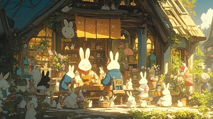 The image depicts a charming, whimsical scene featuring anthropomorphic rabbits engaging in various activities outside a picturesque, cozy cottage. The setting is vibrant and lively, suggesting a warm