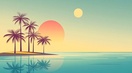 Fototapeta premium A vibrant sunset over a calm ocean with palm trees on a small island, a serene and tranquil scene.