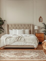 A luxurious beige bedroom with a plush velvet headboard, layered bedding, and a soft area rug. Warm lighting fills the room.