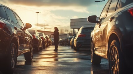 Used car parked in rental service lot with dealer and customer interaction, wide-angle daylight shot