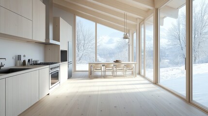 A minimalist Scandinavian cabin kitchen, with light wood floors, white cabinetry, and sleek appliances, framed by large windows overlooking a snowy landscape