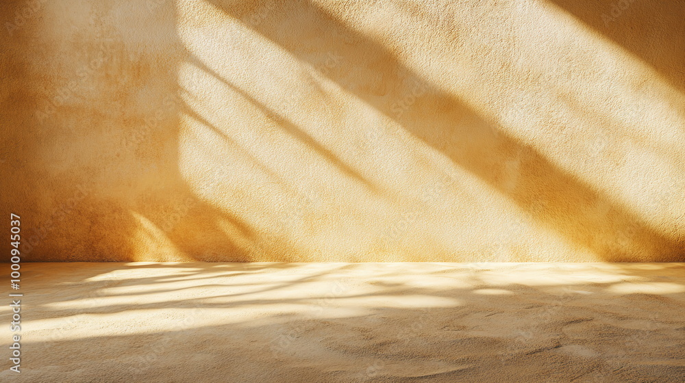 Poster light and shadow from a large window spreading across a textured sandy-colored wall. minimalist open