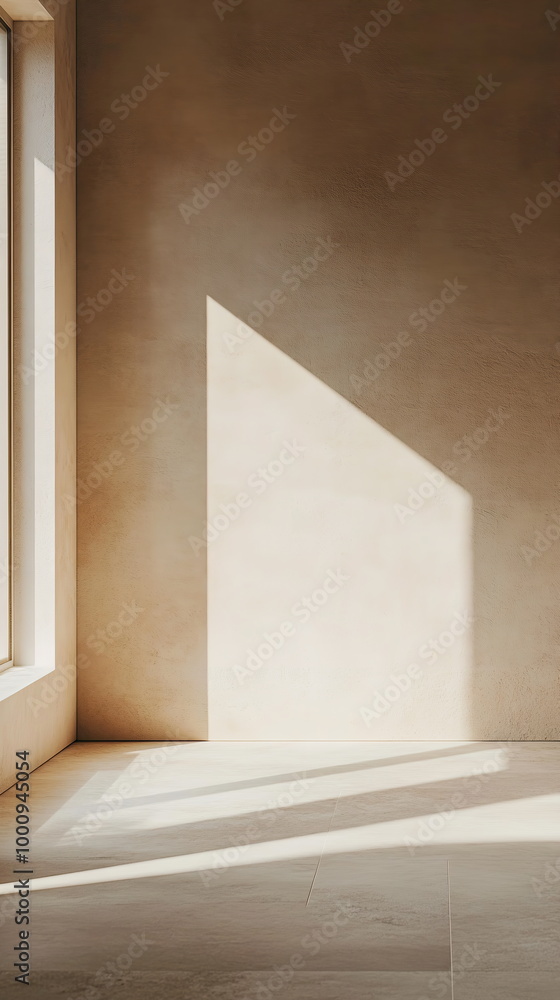 Poster light and shadow from a large window spreading across a textured sandy-colored wall. minimalist open