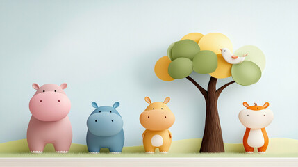 Naklejka premium Four cute hippos stand in a line on a grassy hill, next to a tree with soft, rounded leaves. A bird rests on the tree, creating a peaceful and heartwarming scene.