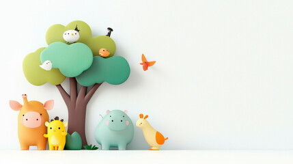 Under the shade of a large tree, a cheerful group of animal friends, including a giraffe, hippo, and bird, gather in a colorful and peaceful scene, enjoying the calm of the day.