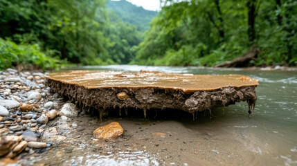 Obraz premium A section of eroded riverbank hangs precariously over the water after a mudslide, illustrating the effects of soil erosion and natural hazards in a lush forest environment.