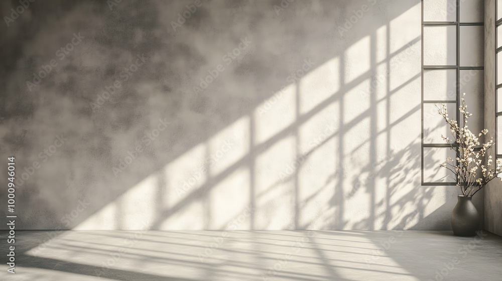 Poster panoramic window casting a grid-like shadow on a concrete-textured wall. neutral tones in an empty s