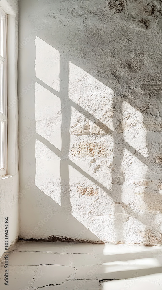 Aufkleber pale sunlight falling across a rough stone wall. window shadow creating a geometric design in a spar