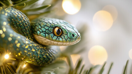 Fototapeta premium Close-up of green snake with golden scales wrapped around branches