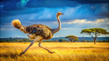 A stunning ostrich swiftly navigates its expansive habitat, its long legs propelling it forward, framed by an open landscape that epitomizes natural beauty and freedom.