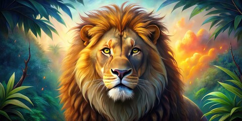 A stunning lion illustration bursting with vibrant colors, embodying the majesty and spirit of the jungle's king, evoking power and grace in every stroke.