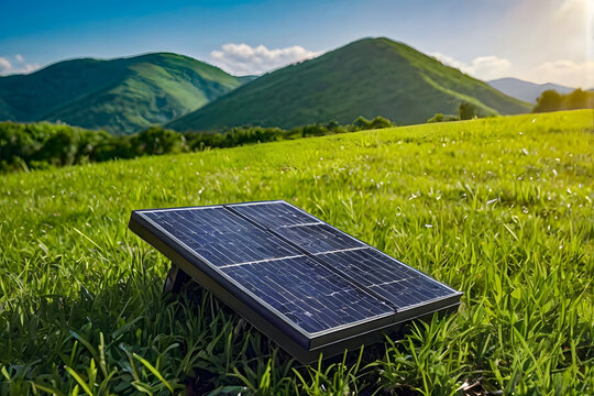 Realistic outdoor solar cell electric power generate panel system in grass field ground with mountain and blue cloud sky background landscape in concept of eco power and sustainablility