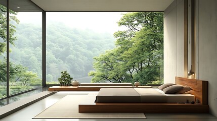 Fototapeta premium Modern minimalist bedroom with a sleek platform bed, large windows, and natural light spilling onto light gray walls and flooring.