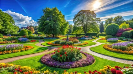 Fototapeta premium A tranquil park adorned with vibrant flowers, lush greenery, and a vast clear blue sky invites peaceful moments and leisurely strolls in nature's beauty.