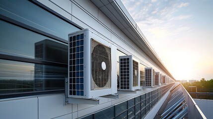 Fototapeta premium A cooling machine placed on the walls over a backdrop of the clear sky