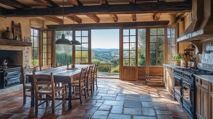 Fototapeta premium A rustic French countryside kitchen, with stone floors, wooden beams, and a large hearth, framed by large windows overlooking rolling hills