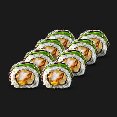 Traditional Asian dish, sushi rolls, close-up, dark background