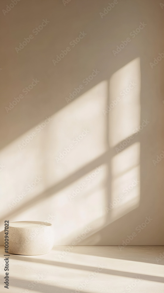 Poster soft light casting long shadows from a window on a beige wall. sun rays filter into minimalist empty