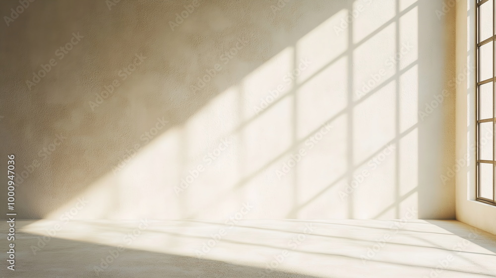 Poster soft light casting long shadows from a window on a beige wall. sun rays filter into a minimalist emp