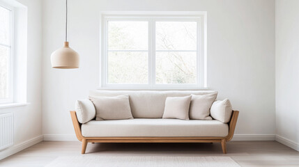 Modern minimalist living room design featuring a light beige couch with decorative pillows near a large window